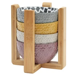 Gifi Set 4 bols décor ethnique noir et blanc et support en bambou