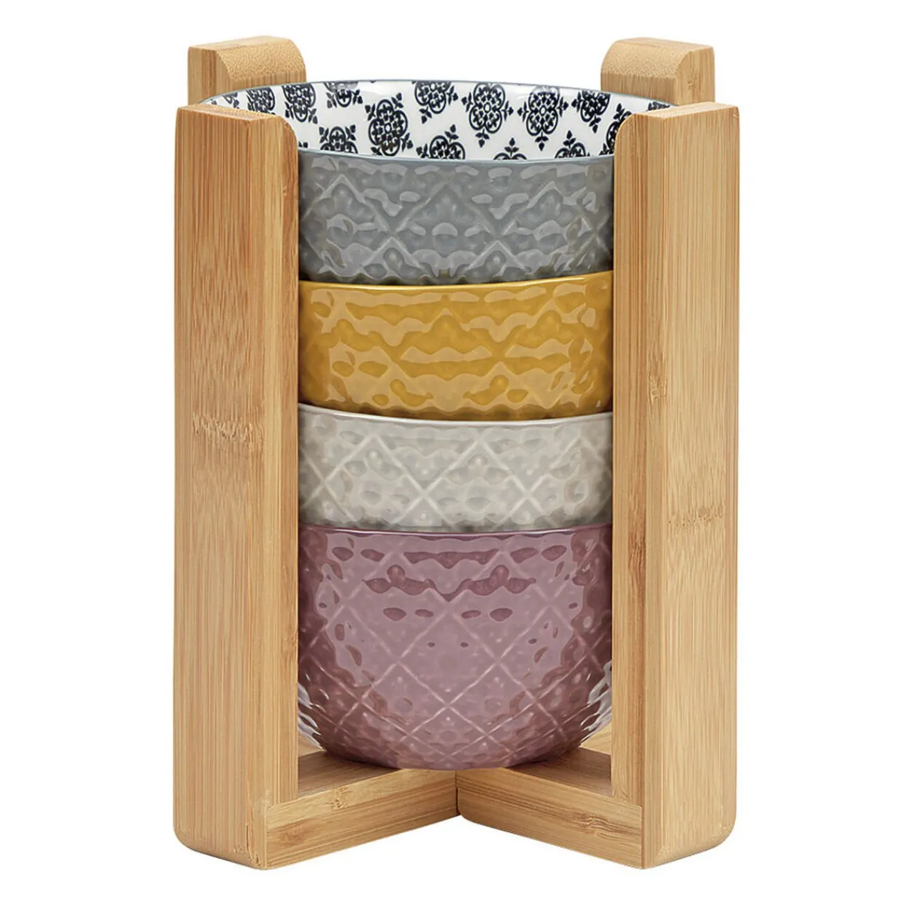 Gifi Set 4 bols décor ethnique noir et blanc et support en bambou