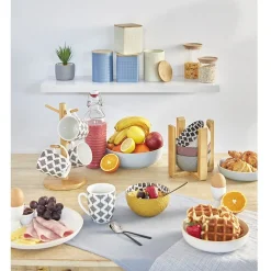 Gifi Set 4 mugs décor arabesque noir et blanc et support en bambou