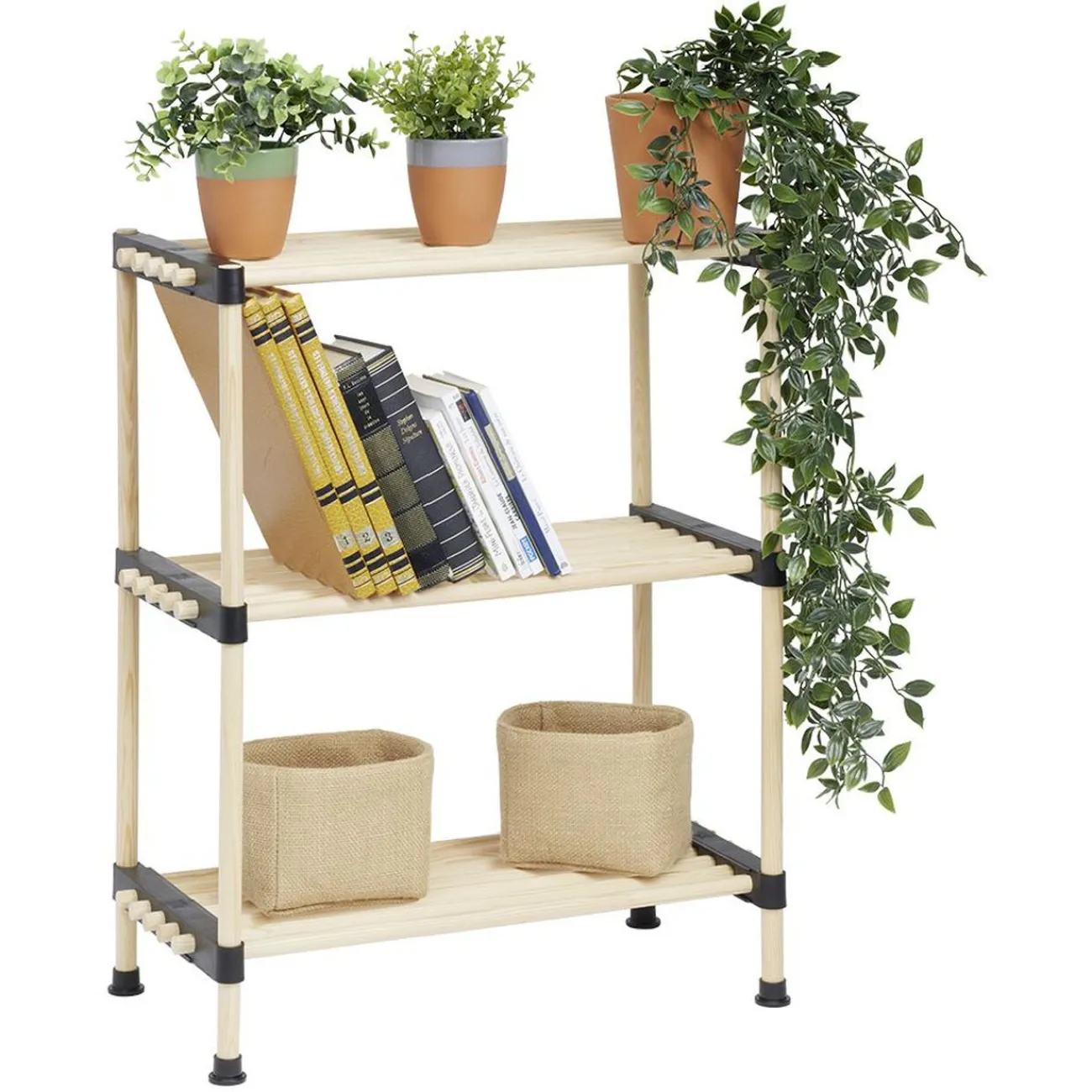 Gifi Rangement|Étagere 3 niveaux bois beige et plastique noir - 40x28xH74,5cm