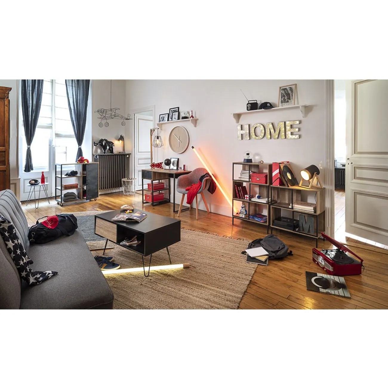 Gifi Rangement|Étagère 4 casiers Stanley noire et naturelle