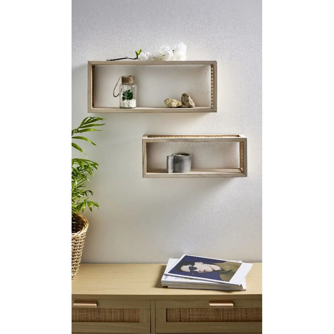 Gifi Rangement|Étagère murale bois et cannage L50x10xH20cm
