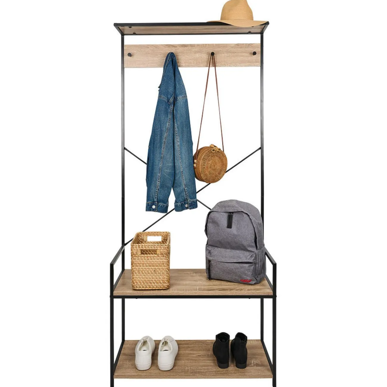 Gifi Rangement|Vestiaire métal et bois 4 crochets 2 niveaux 1 étagère